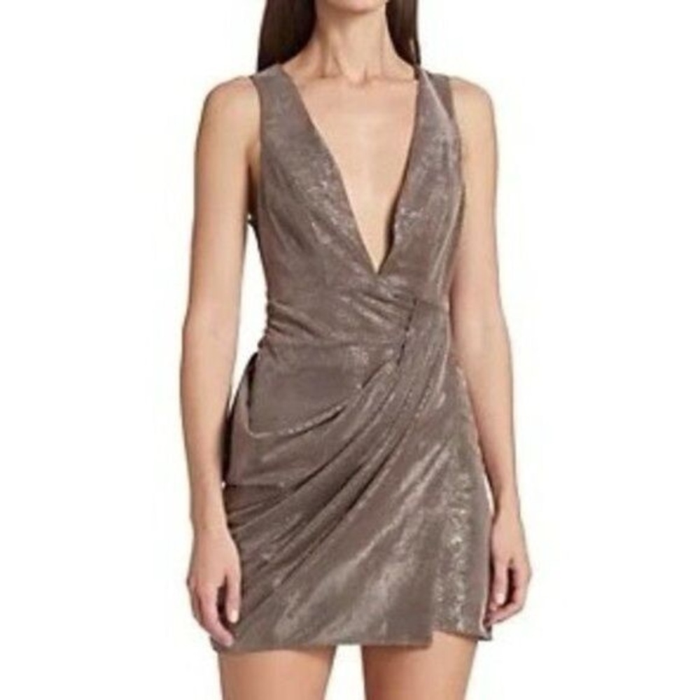 NWT Ramy Brook Evening Capsule Cocktail Dress in Rose Gold Plunge Neck Sz 8
